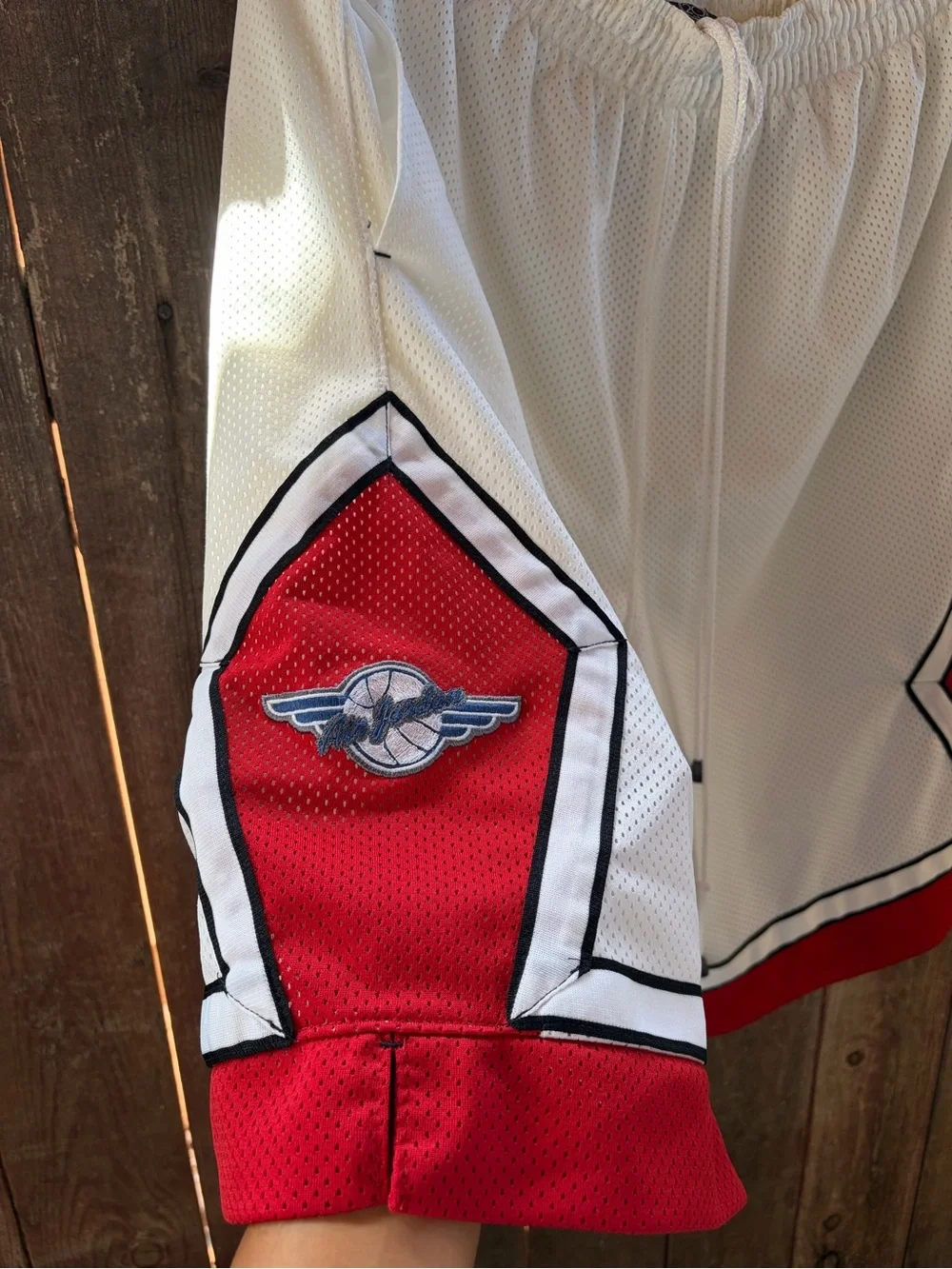 Men's White Air Jordan Athletic Y2K Mesh Shorts with Red Trim